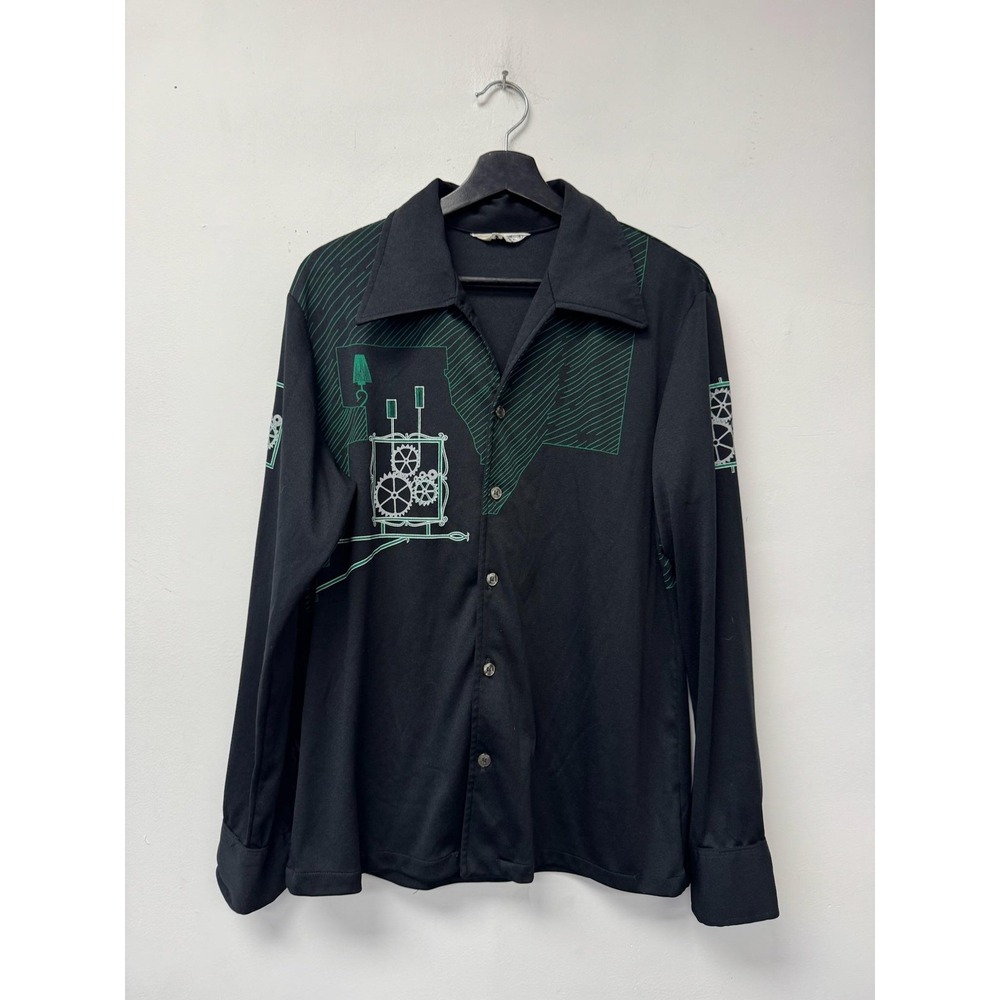 Vintage D'gala Florida Shirt Medium Black Graphic‎ Print Button Front 70s Disco